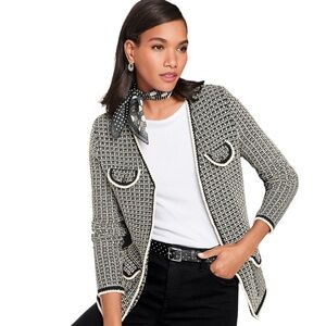 TALBOTS BLACK & WHITE TIPPED TWEED V-NECK SWEATER JACKET SIZE XS NWT